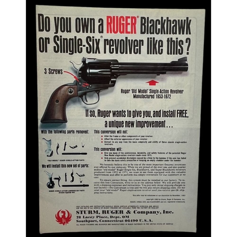 Sturm Ruger Co Blackhawk Revolver Print Ad Vintage 1982 Single Six Improvement